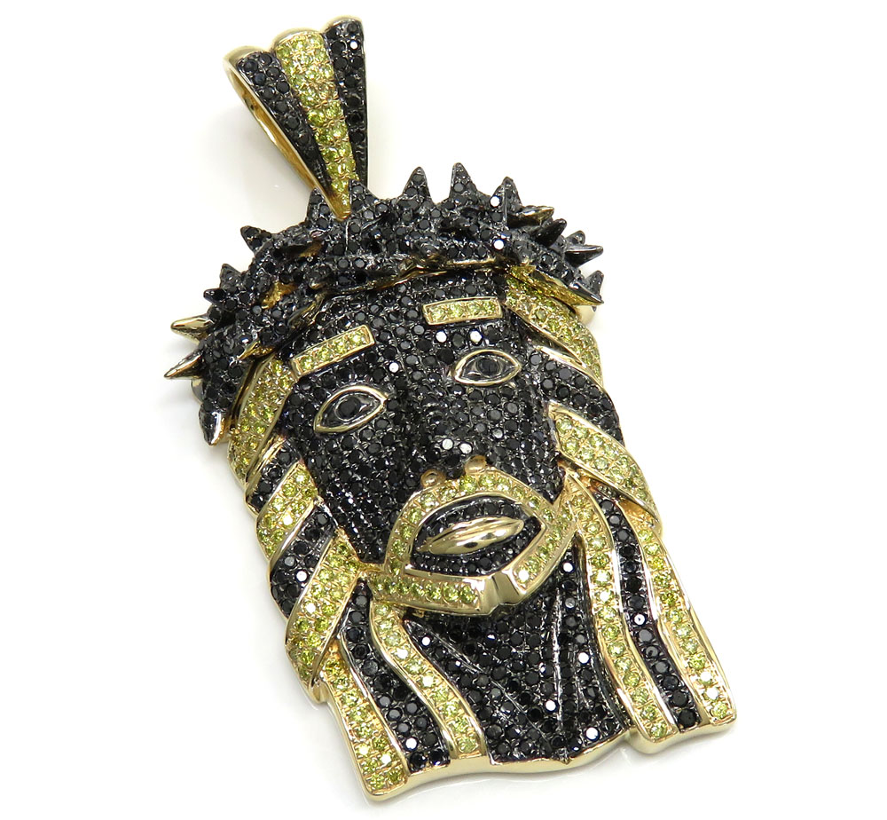 14k yellow gold large canary & black diamond jesus pendant 6.90 ct