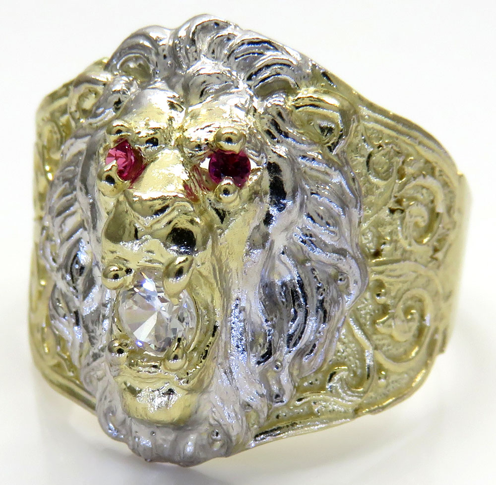 10k two tone gold cz lion ring 0.15ct