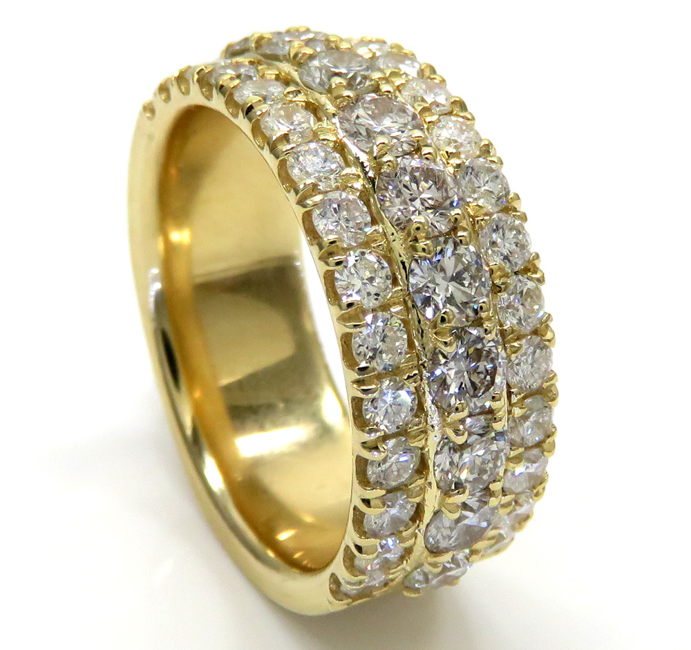 14k solid yellow gold three row diamond half iced 10mm band 4.24ct