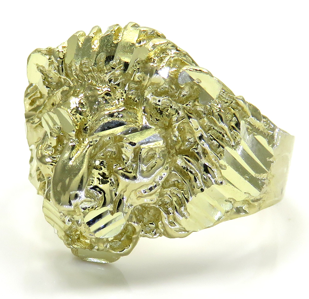 10k yellow gold diamond cut lion face ring
