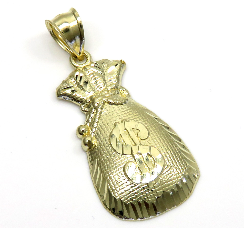 10k yellow gold diamond cut medium money bag pendant 