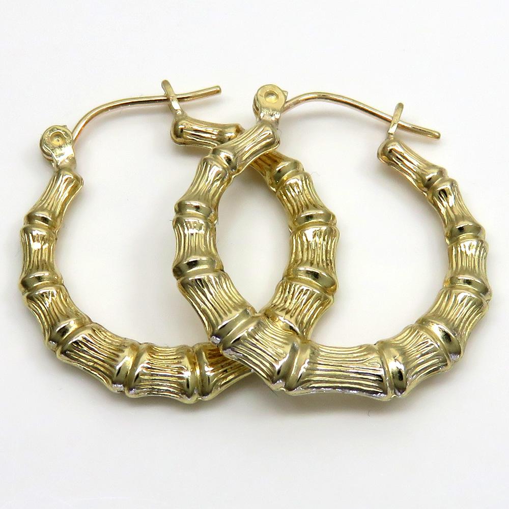 Large 10k Yellow Gold Round Bamboo Hoop Earrings 2.9 Inches Diameter
