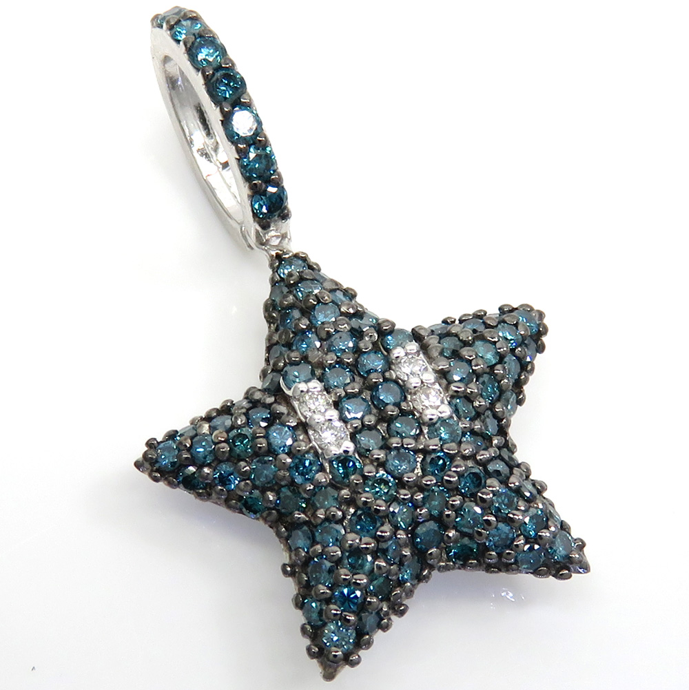 14k white gold blue diamond mario star pendant 1.20ct