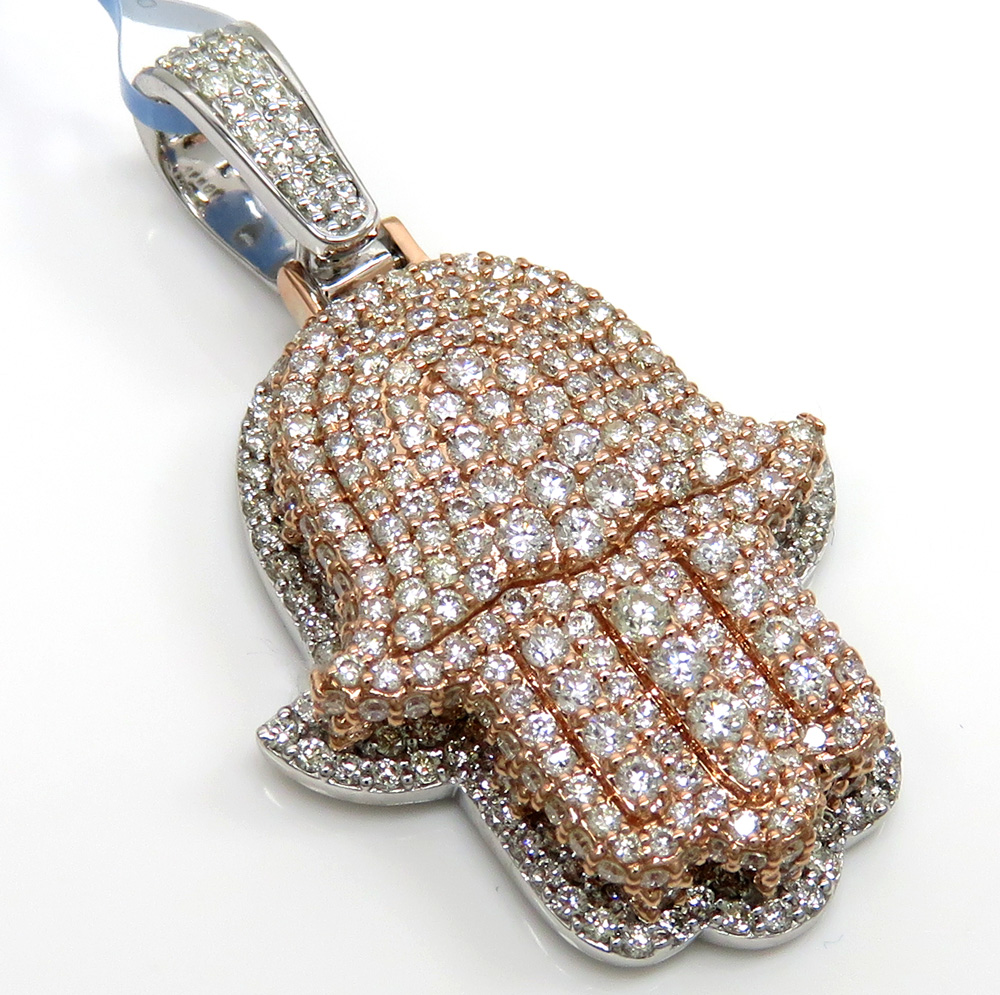 14k two tone gold vs diamond double layered hamsa pendant 2.23ct