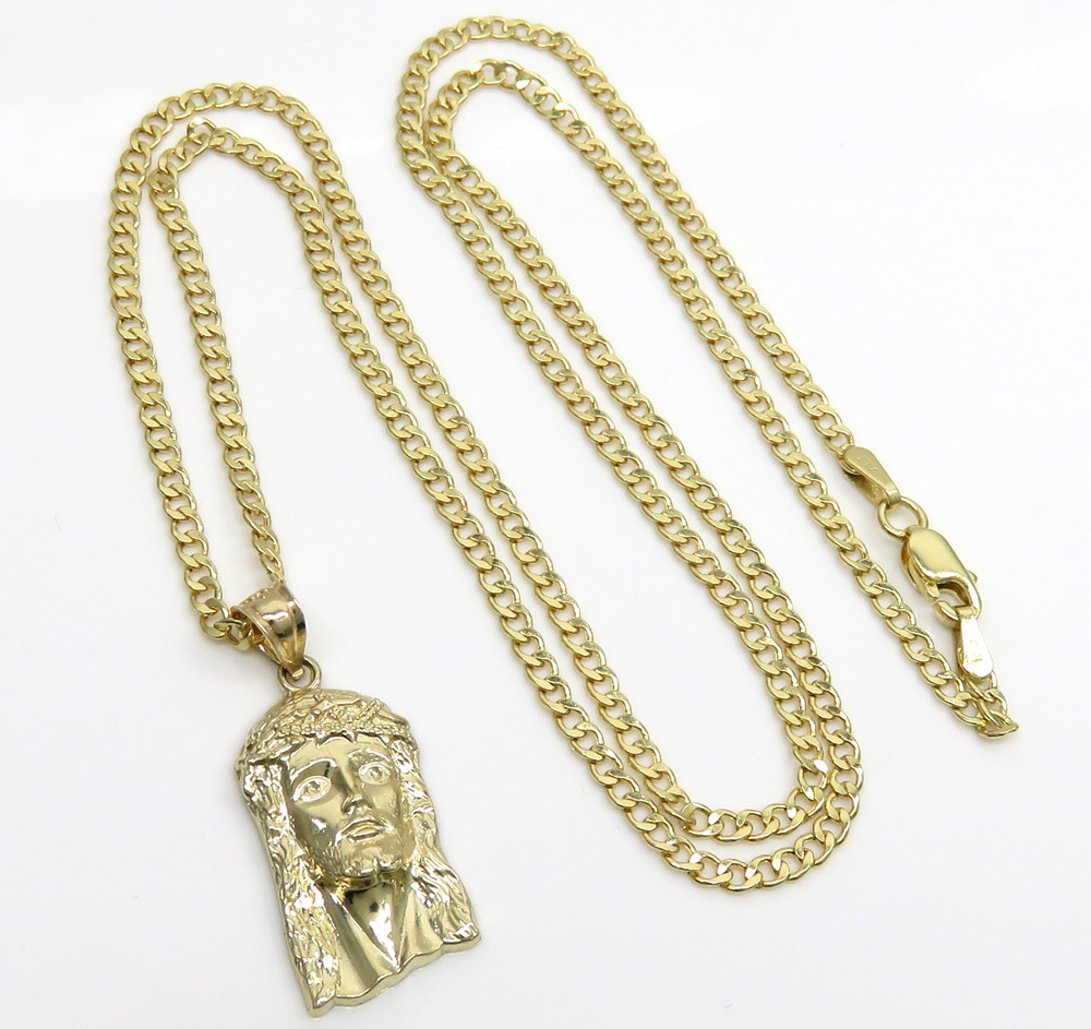 10k yellow gold small classic jesus pendant with 16-22 inch 2mm cuban chain