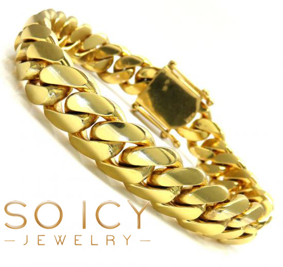 14k yellow gold solid thick miami bracelet 8.50 inches 13mm