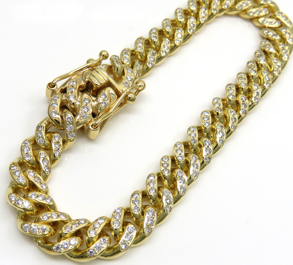 14k solid yellow gold diamond miami bracelet 8.50 inch 8mm 3.00ct