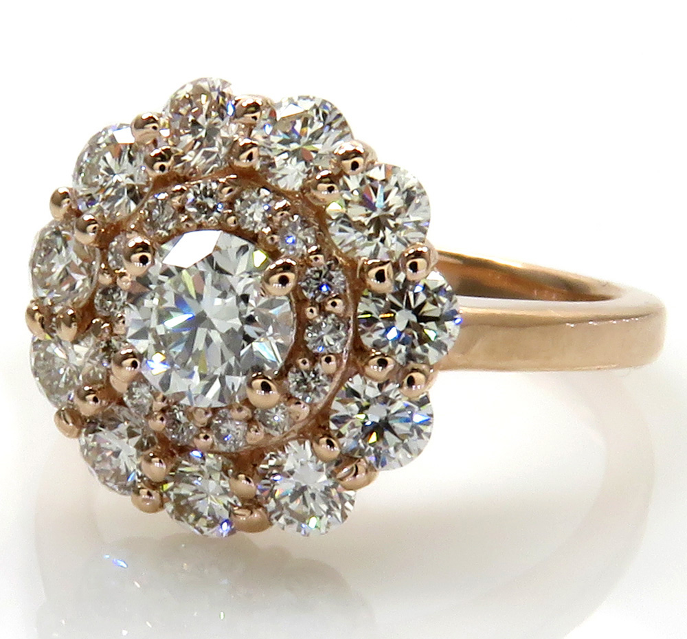 14k rose gold vs round diamond halo cluster engagement  ring 1.50ct 