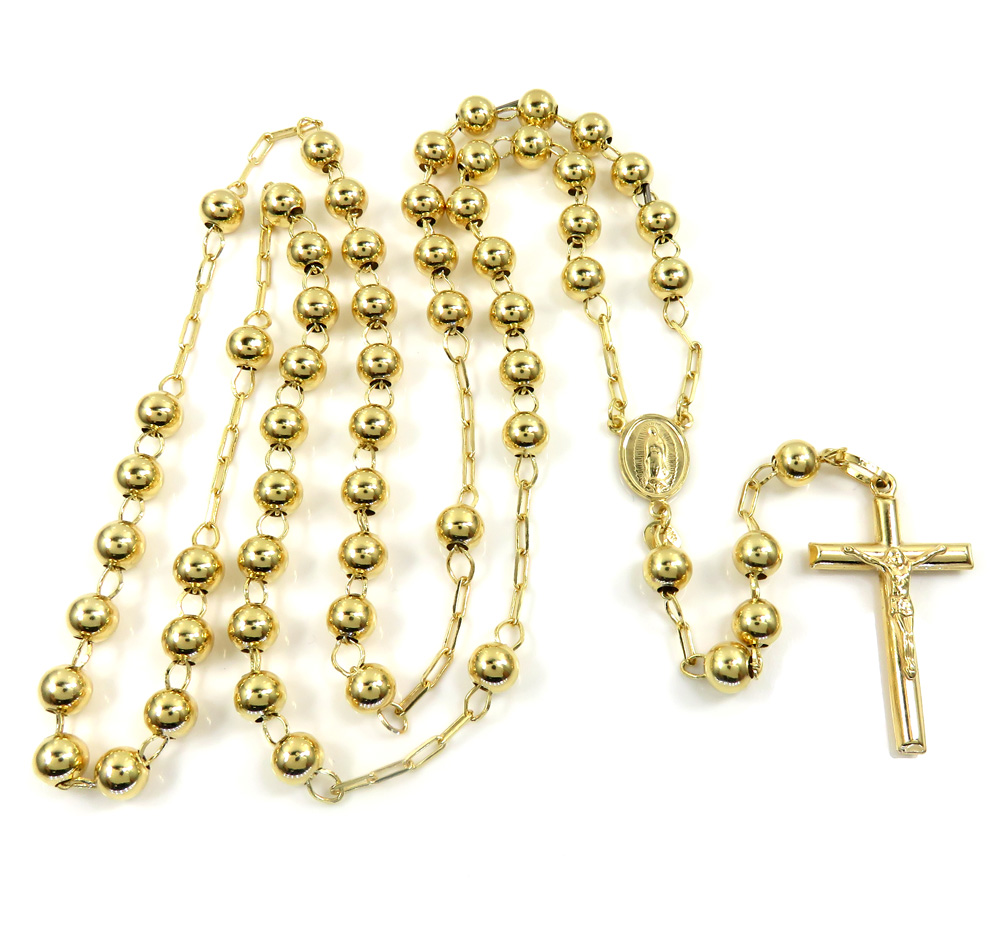10k yellow gold smooth bead rosary chain 26 inch 6mm 