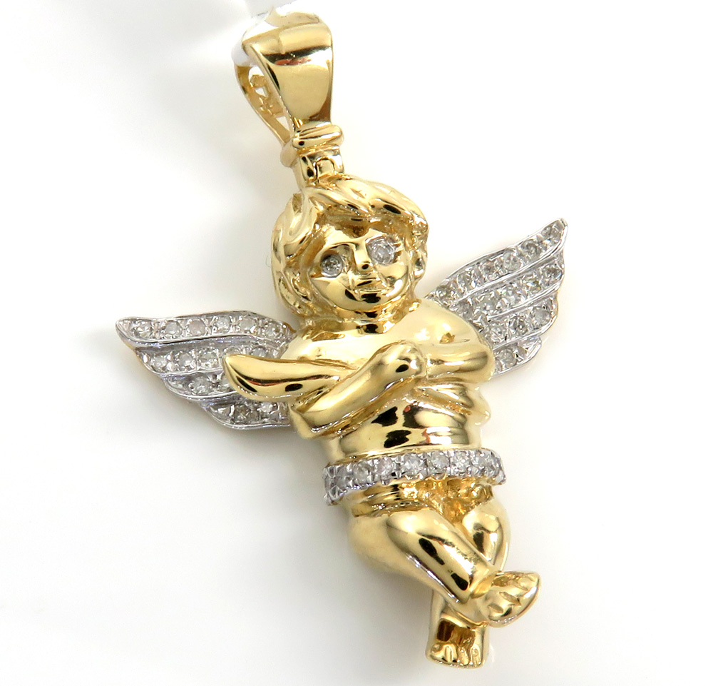 14k yellow gold small diamond praying angel pendant 0.18ct