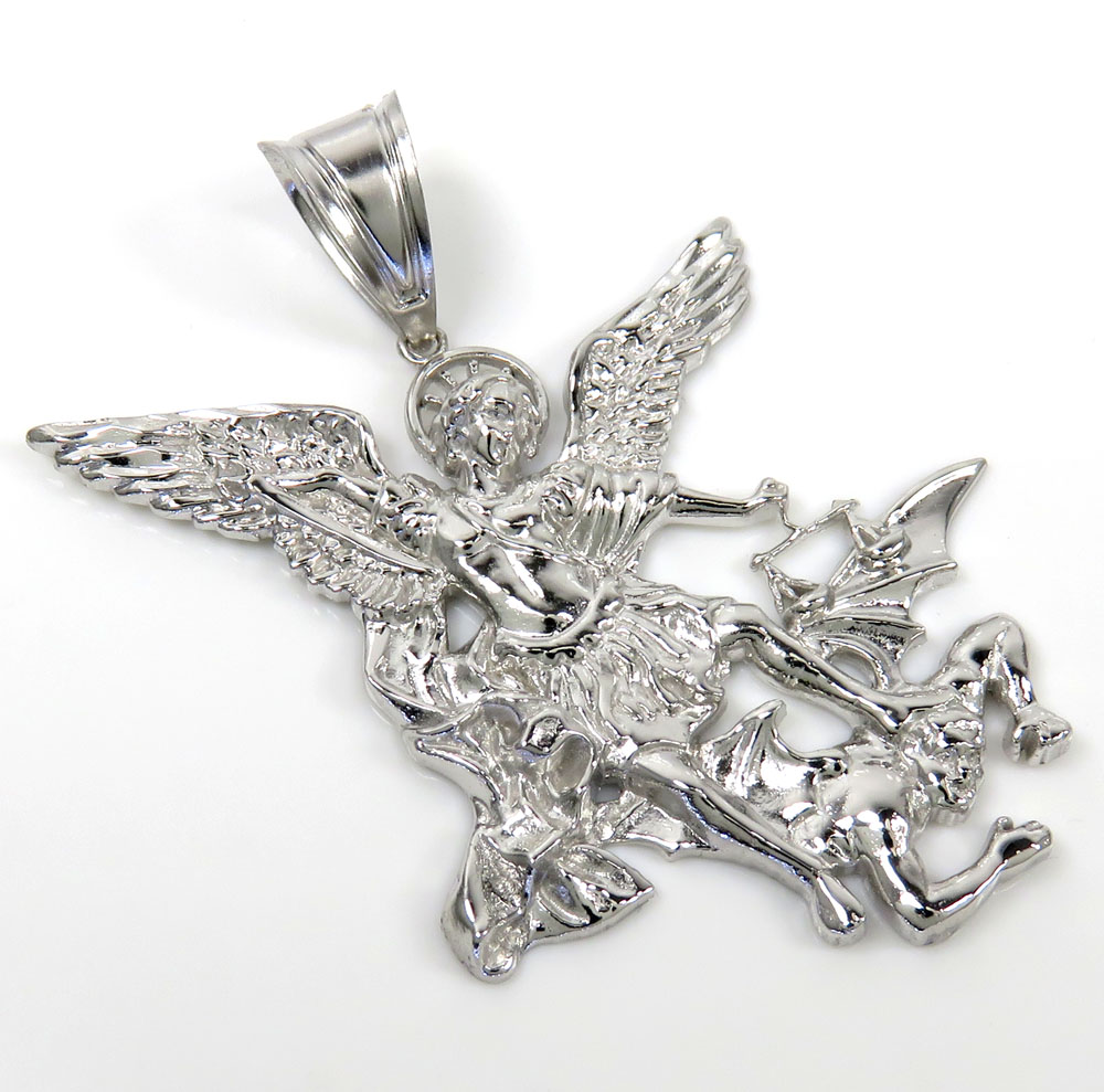 14k white gold solid back angel vs demon large pendant 