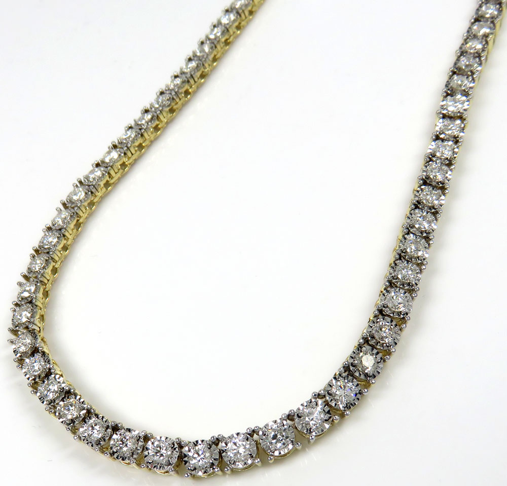 14k yellow gold round 7 pointer diamond illusion tennis chain 4.50mm 8.50ct 16-30