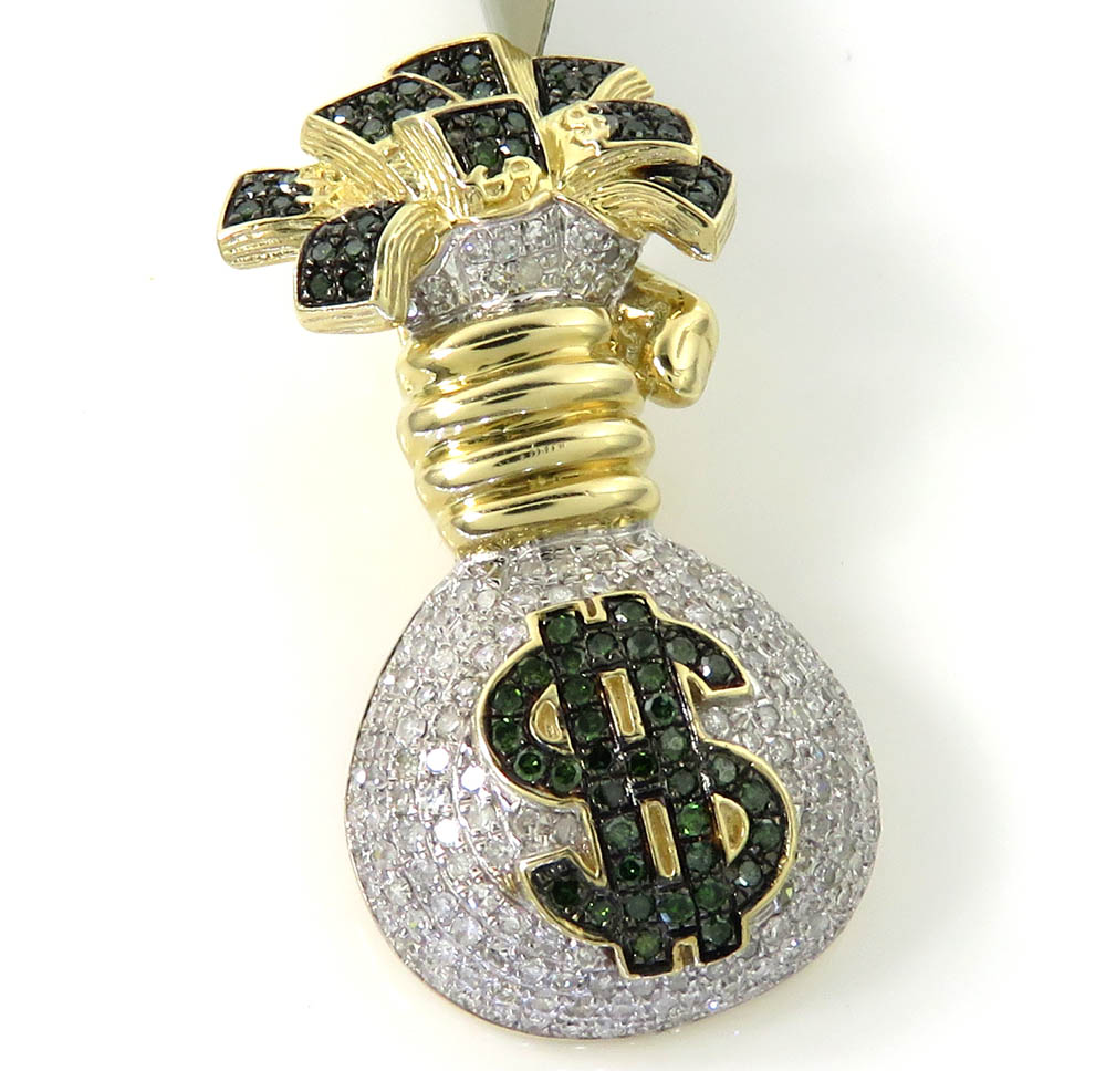 10k yellow gold green & white diamond money bag pendant 1.26ct