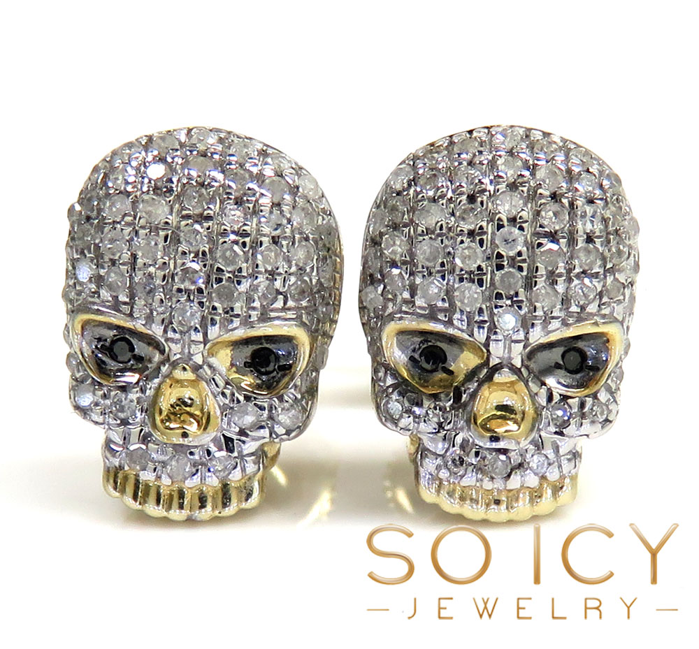 10k yellow gold black & white diamond skull earrings 0.23ct