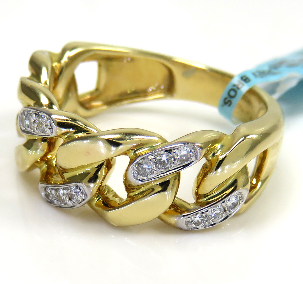 14k yellow gold solid diamond 8.5mm cuban ring 0.26ct