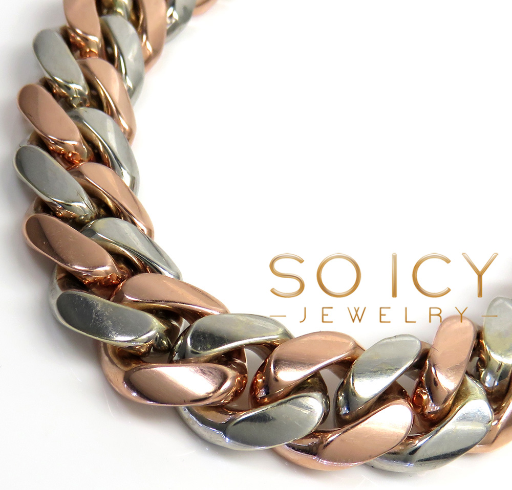 10k two tone solid white & rose gold miami bracelet 8.50 inch 13mm