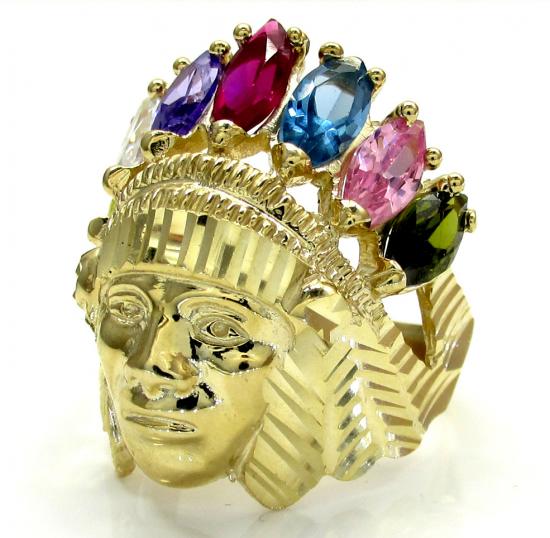 Mens 14k yellow gold multi cz ruby indian chief ring 