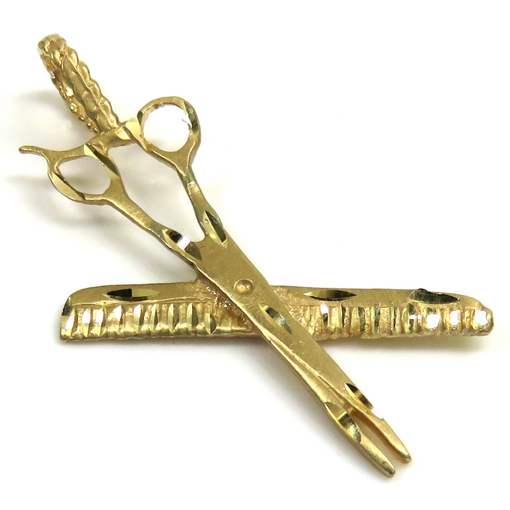 14k yellow gold diamond cut comb & scissors barber pendant 