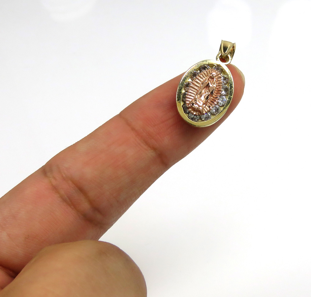 10k two tone gold virgin mary cz oval pendant 0.75ct