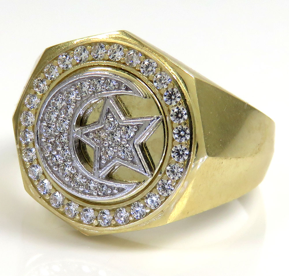 10k two tone gold cz islam crescent moon and star religious ring 1.50ct