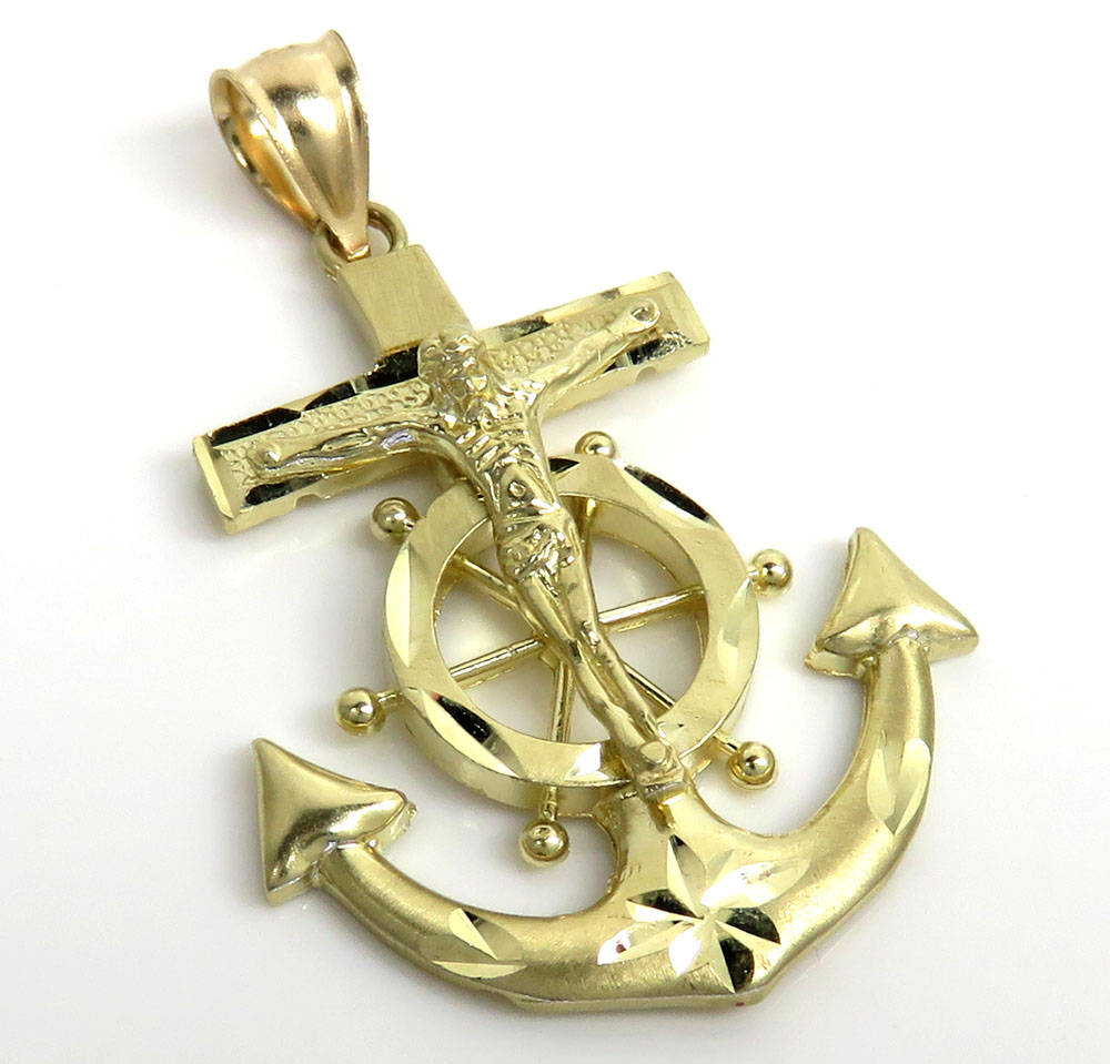 10k yellow gold solid medium diamond cut anchor jesus pendant