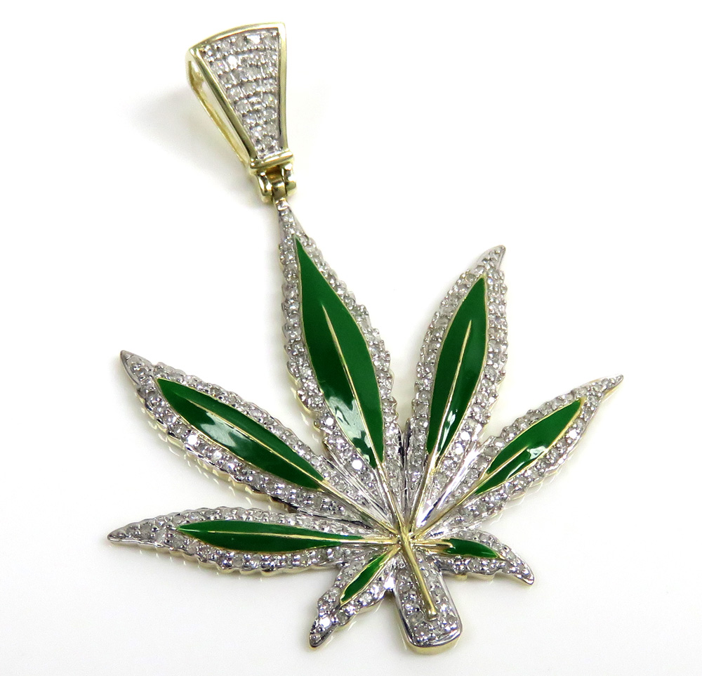 10k yellow gold diamond large green enamel marijuana leaf pendant 1.00ct