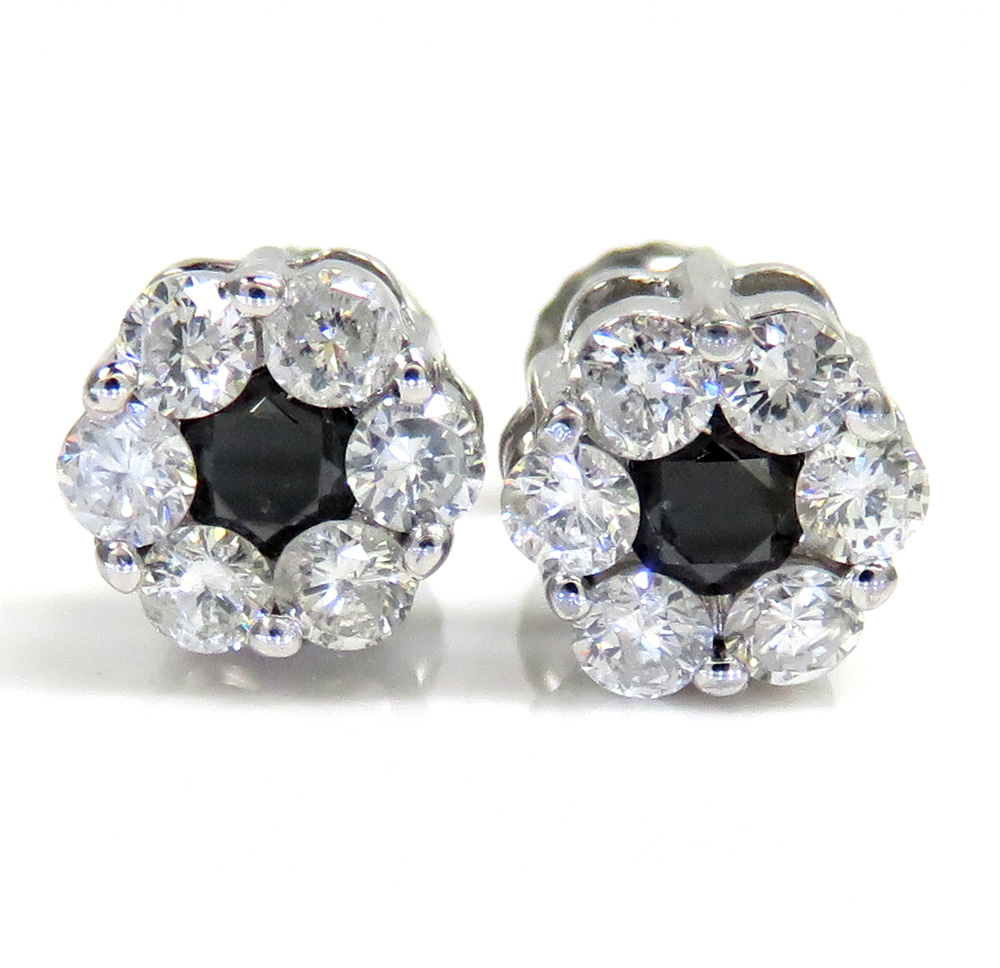 14k gold black & white diamond 7mm cluster earrings 1.00ct