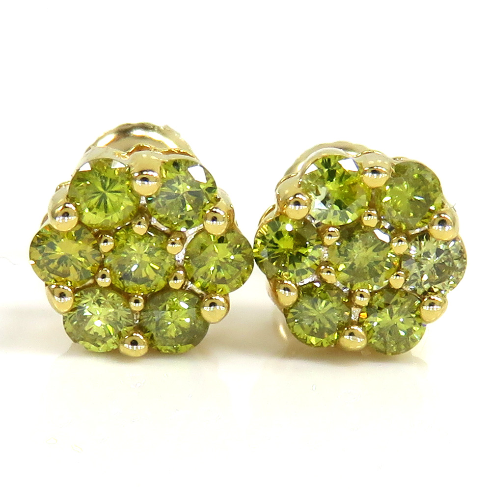 14k yellow gold round 14 diamond cluster 7mm earrings 1.00ct