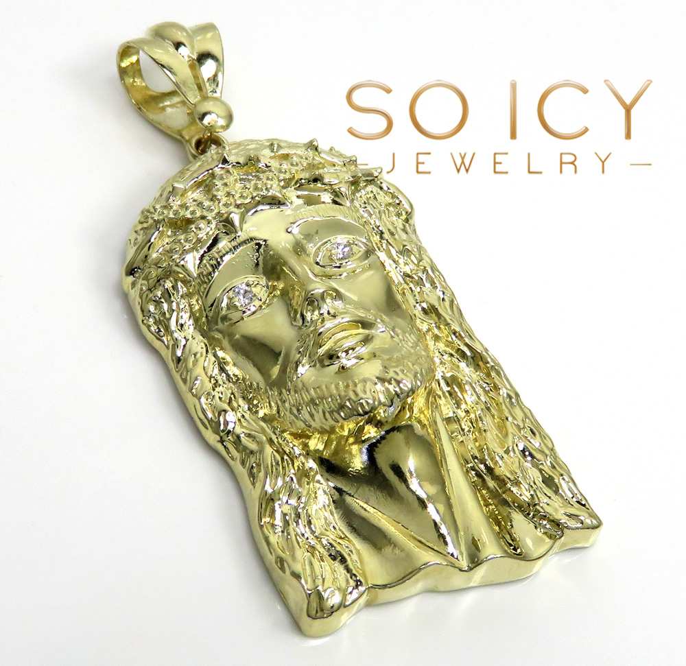 10k solid yellow gold xl classic cz jesus face pendant 0.10ct