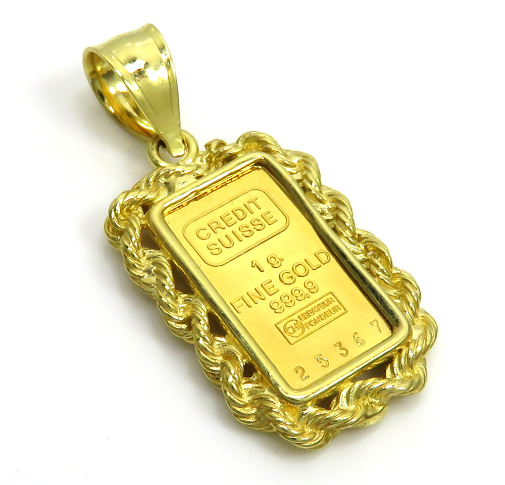 14k yellow gold rope frame with suisse 24k gold mini bar pendant