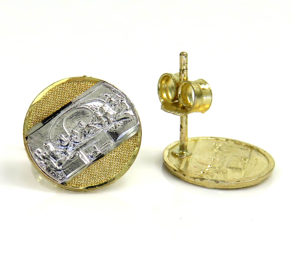 10k two tone gold mini round jesus apostles last supper earrings