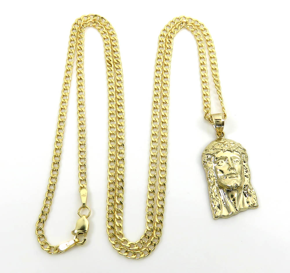 10k Yellow Gold Small Classic Jesus Pendant With 18-24 Inch Cuban Chain