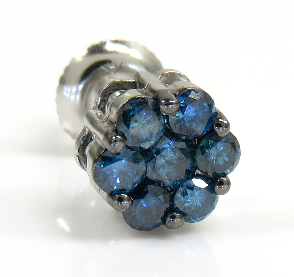 14k solid gold blue diamond 7mm single cluster earrings 0.50ct