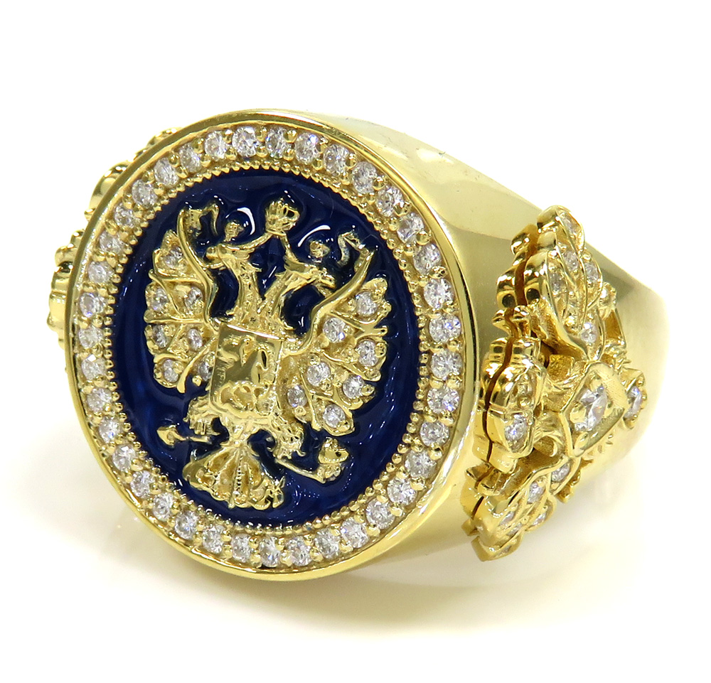 14k gold blue enamel diamond russian eagle ring 1.75ct