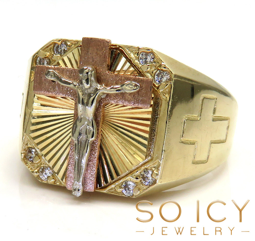 14k tri color gold cz hanging jesus cross ring 0.15ct